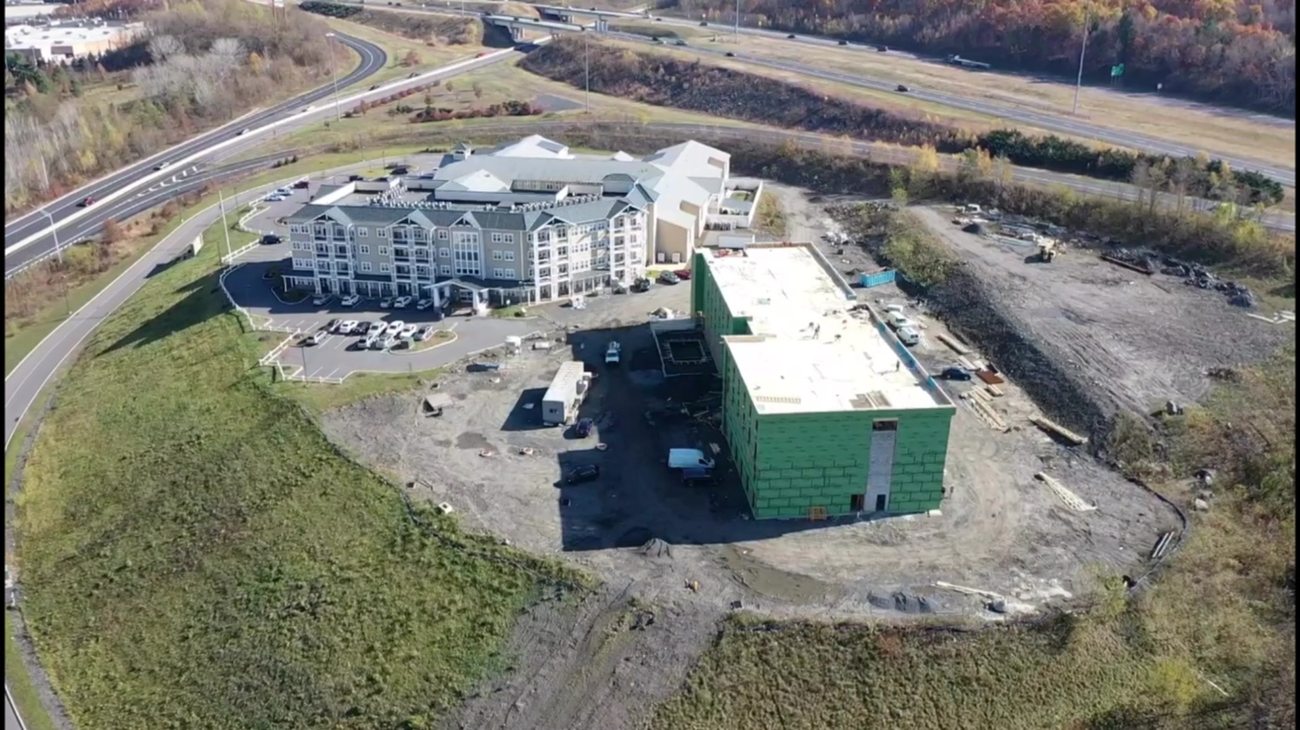 Home2 Suites hotel under construction, aerial